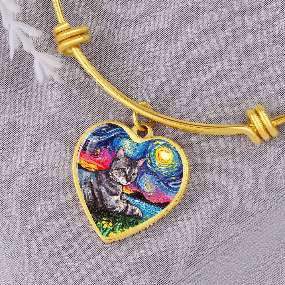 Laying Tabby Starry Night Heart Bangle