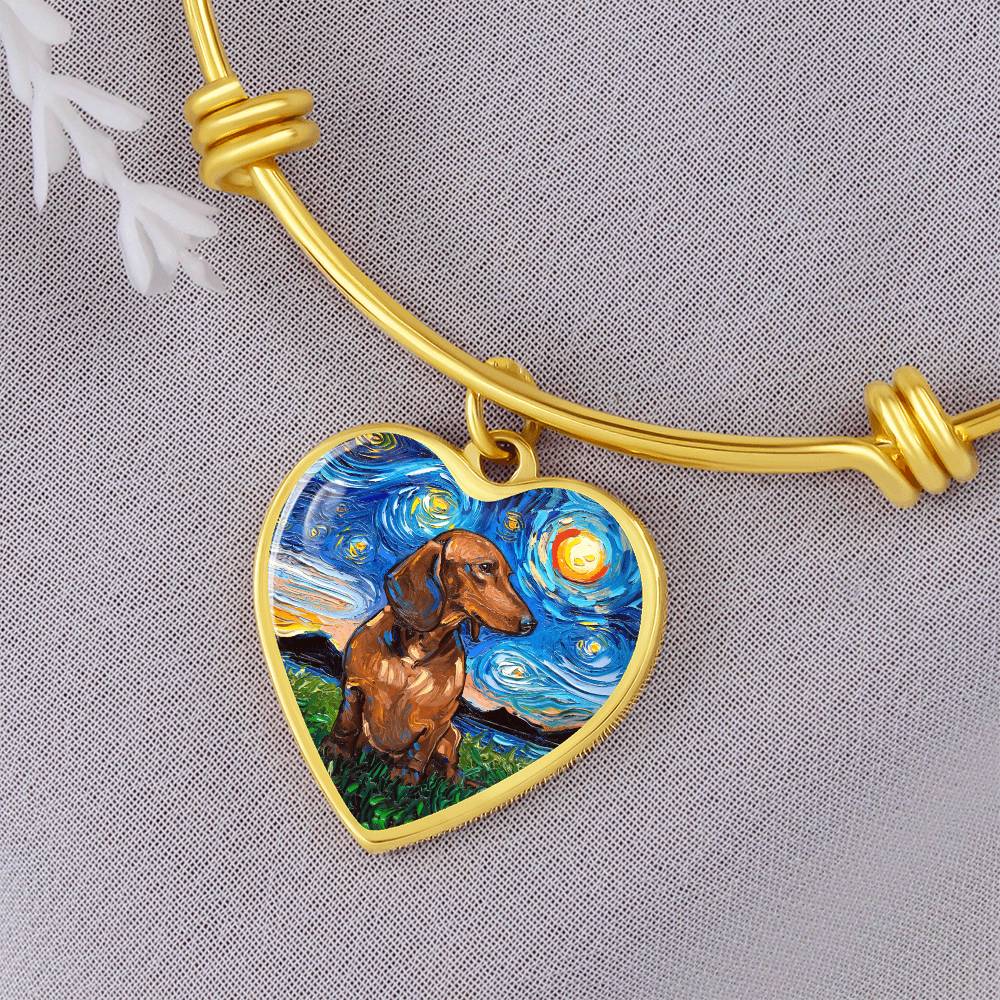 Brown Dachshund Starry Night Heart Bangle Bracelet