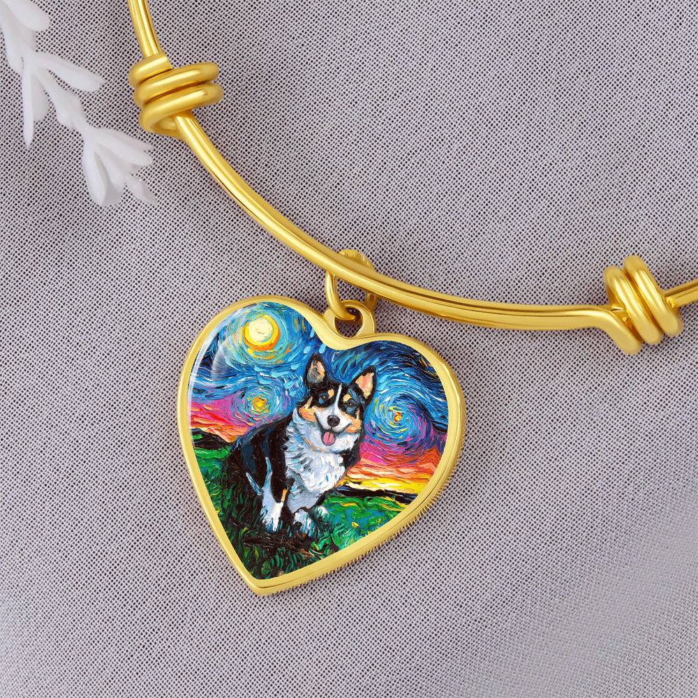 Tri Color Corgi Starry Night Heart Bangle Bracelet