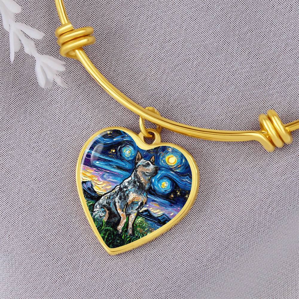 Blue Heeler Portrait Starry Night Heart Bangle Bracelet
