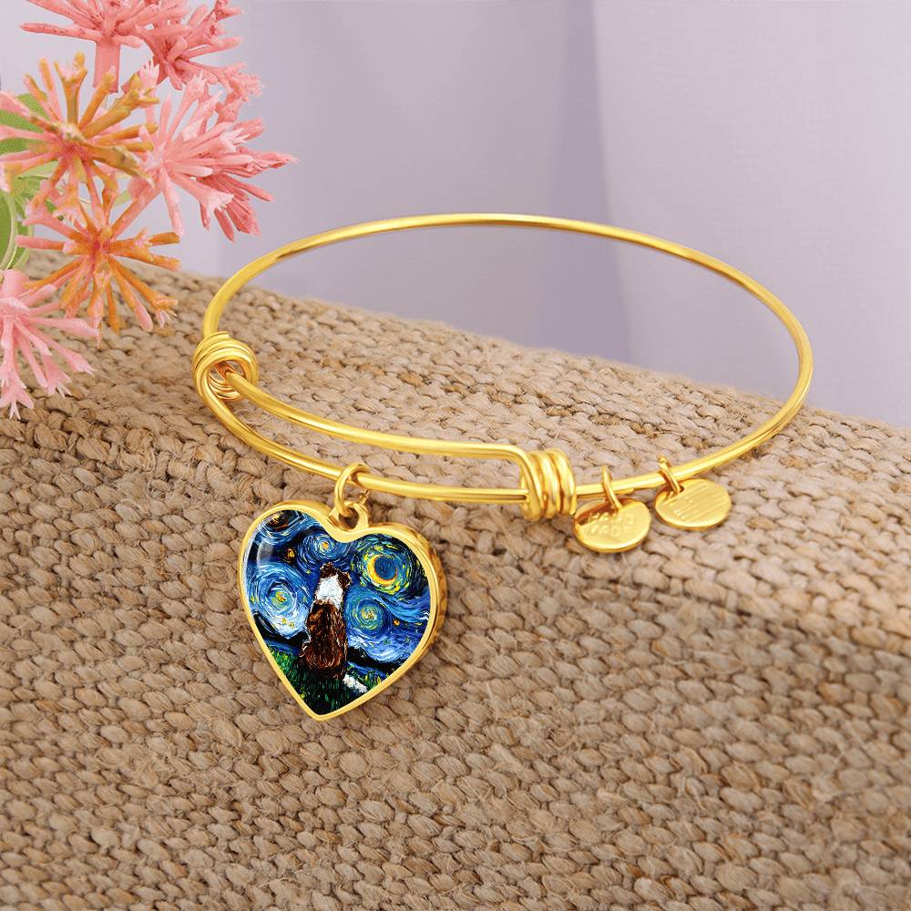 Red Border Collie Starry Night Heart Bangle Bracelet