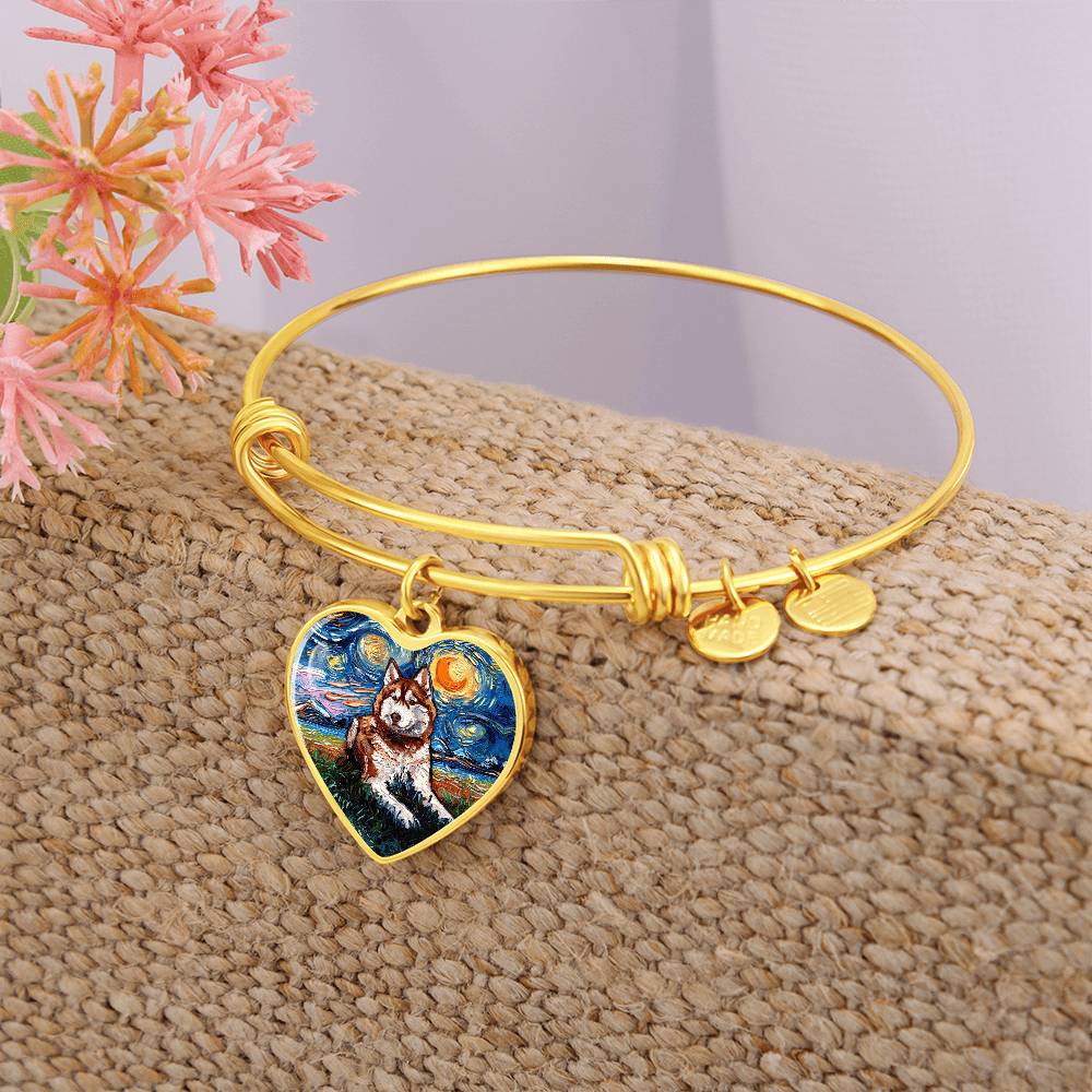 Red and White Husky Starry Night Heart Bangle Bracelet