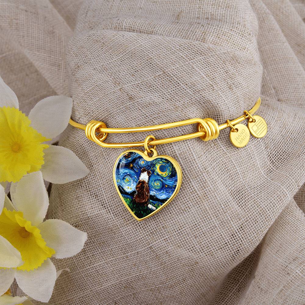 Red Border Collie Starry Night Heart Bangle Bracelet