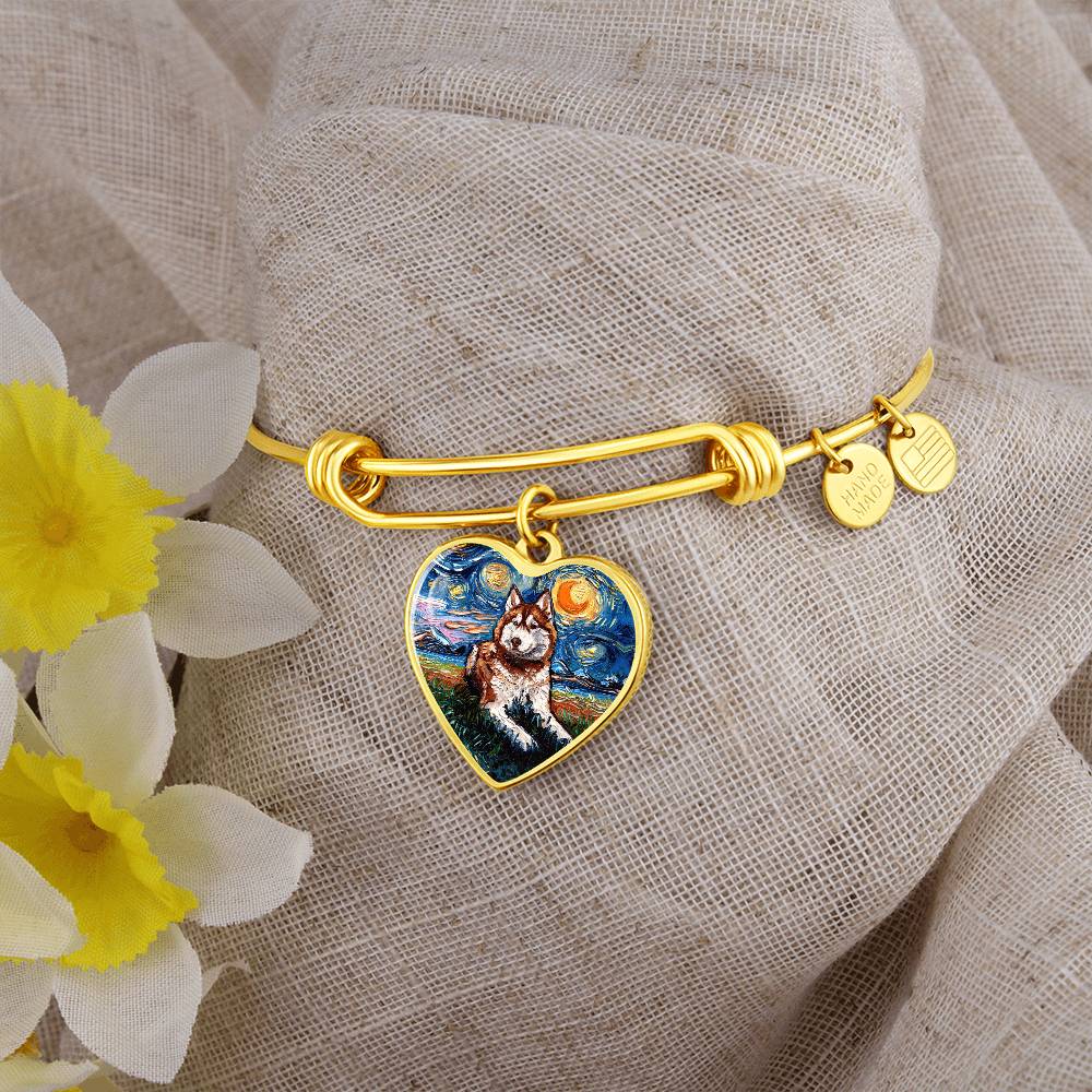 Red and White Husky Starry Night Heart Bangle Bracelet