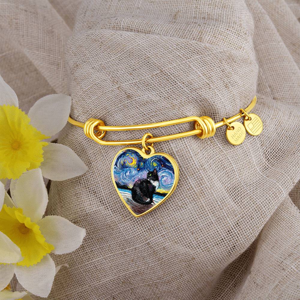 Tuxedo Cat with Green Eyes Starry Night Heart Bangle