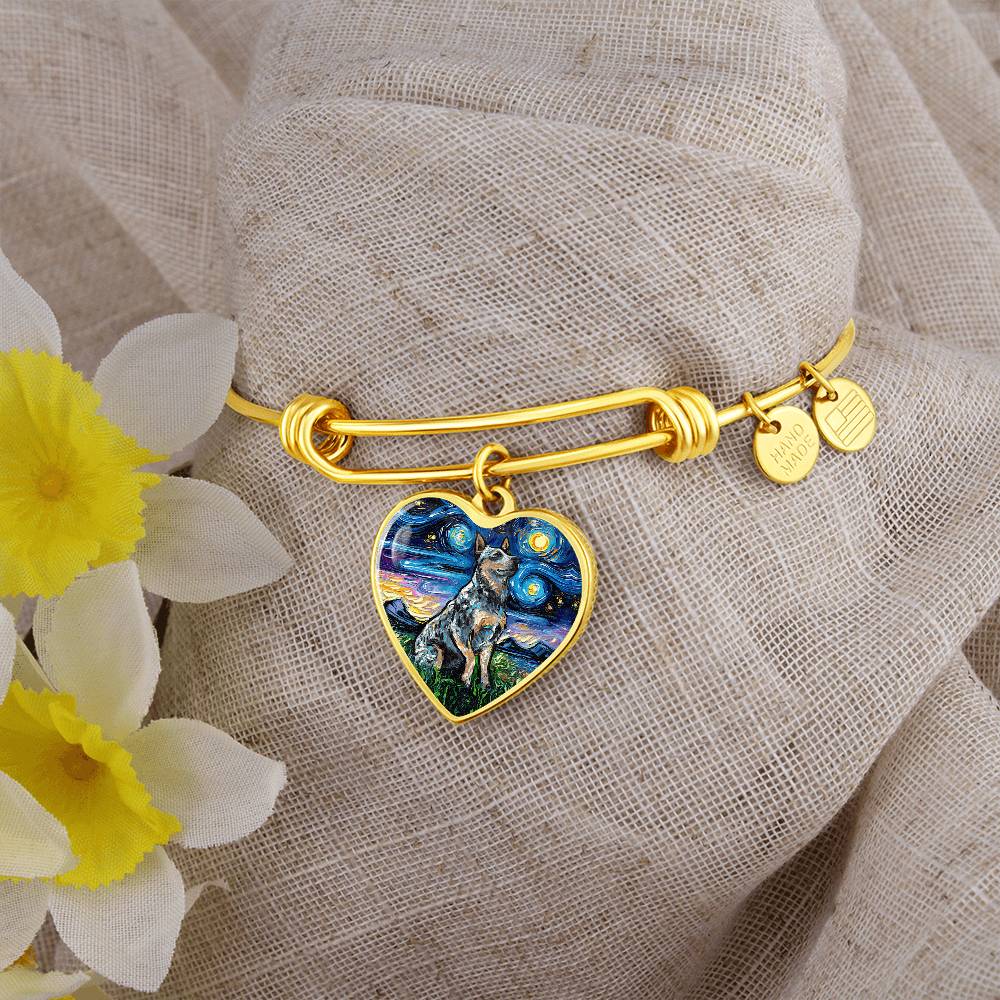 Blue Heeler Portrait Starry Night Heart Bangle Bracelet