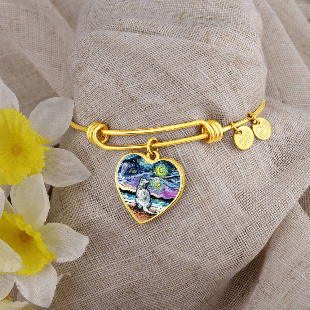 White Cat Starry Night Heart Bangle