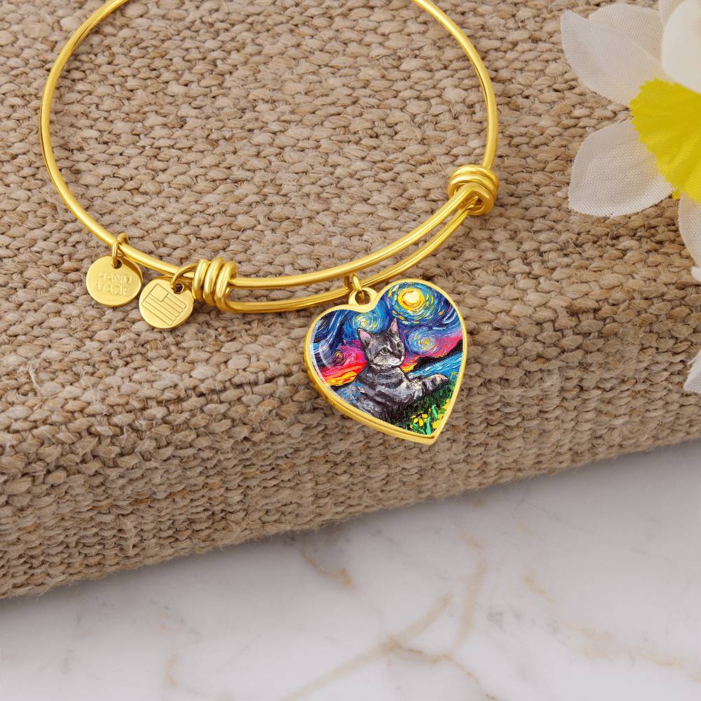 Laying Tabby Starry Night Heart Bangle
