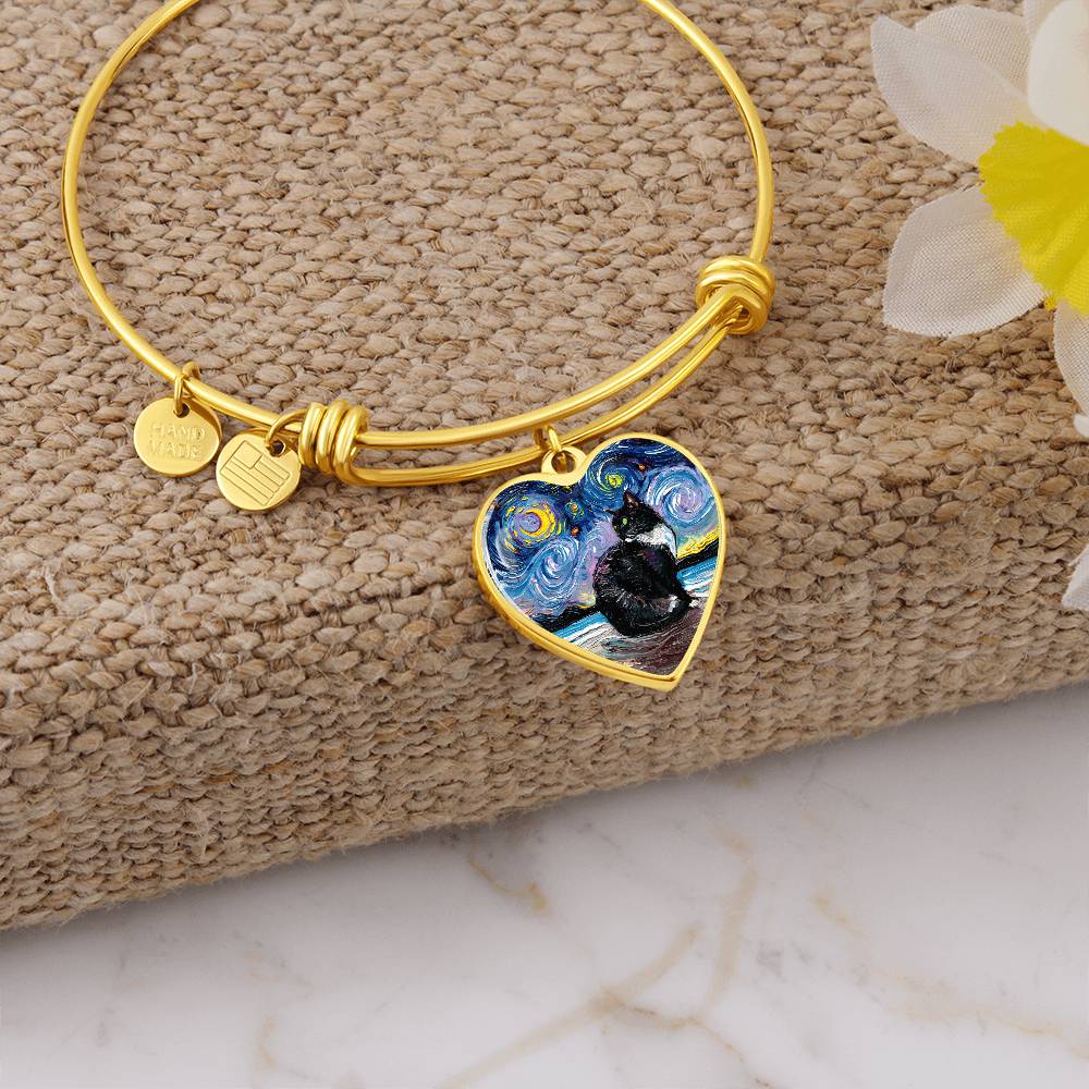 Tuxedo Cat with Green Eyes Starry Night Heart Bangle