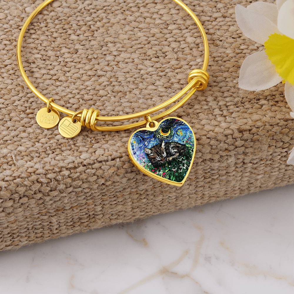 Sleeping Tabby Kitten Starry Night Heart Bangle