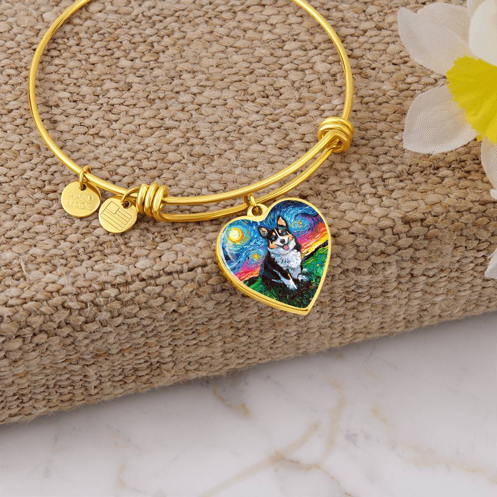 Tri Color Corgi Starry Night Heart Bangle Bracelet