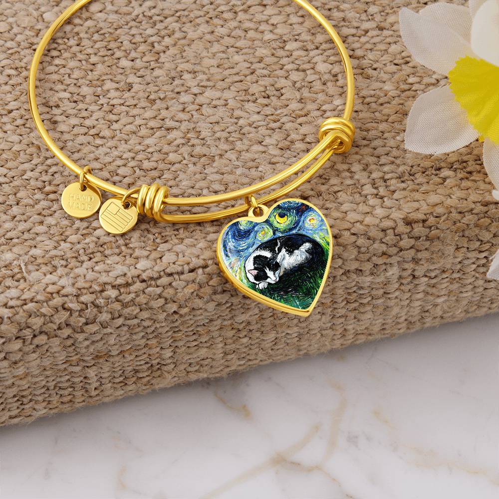 Sleeping Tuxedo Cat Starry Night Heart Bangle
