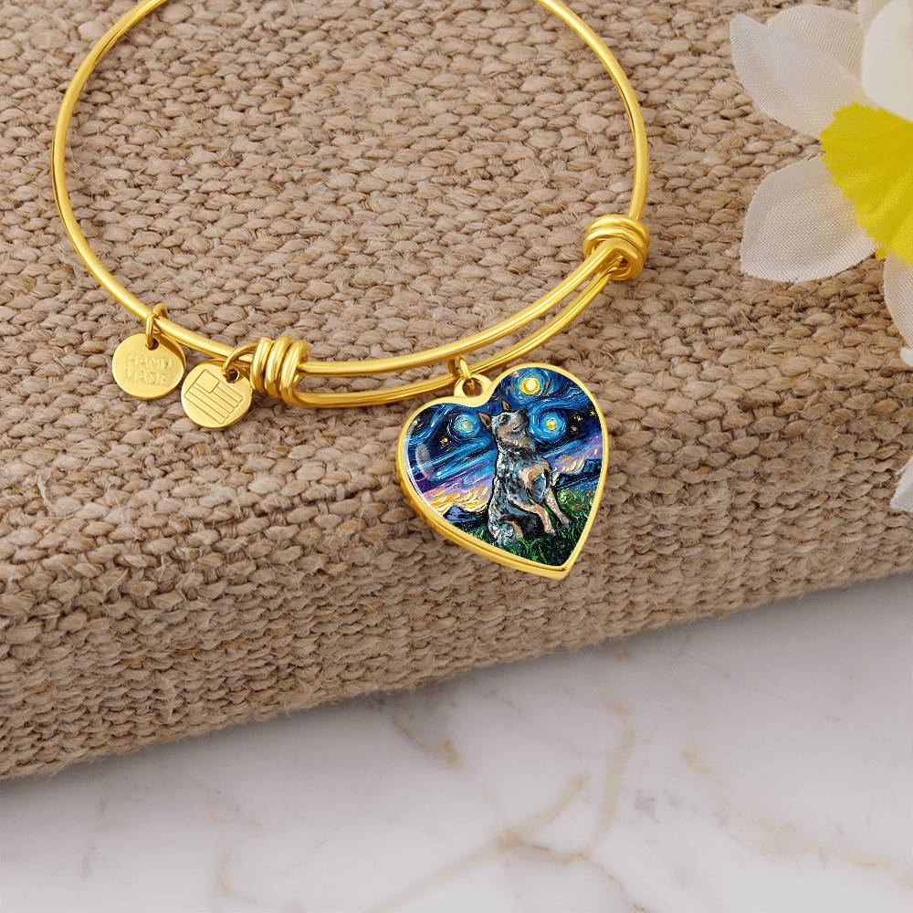 Blue Heeler Portrait Starry Night Heart Bangle Bracelet