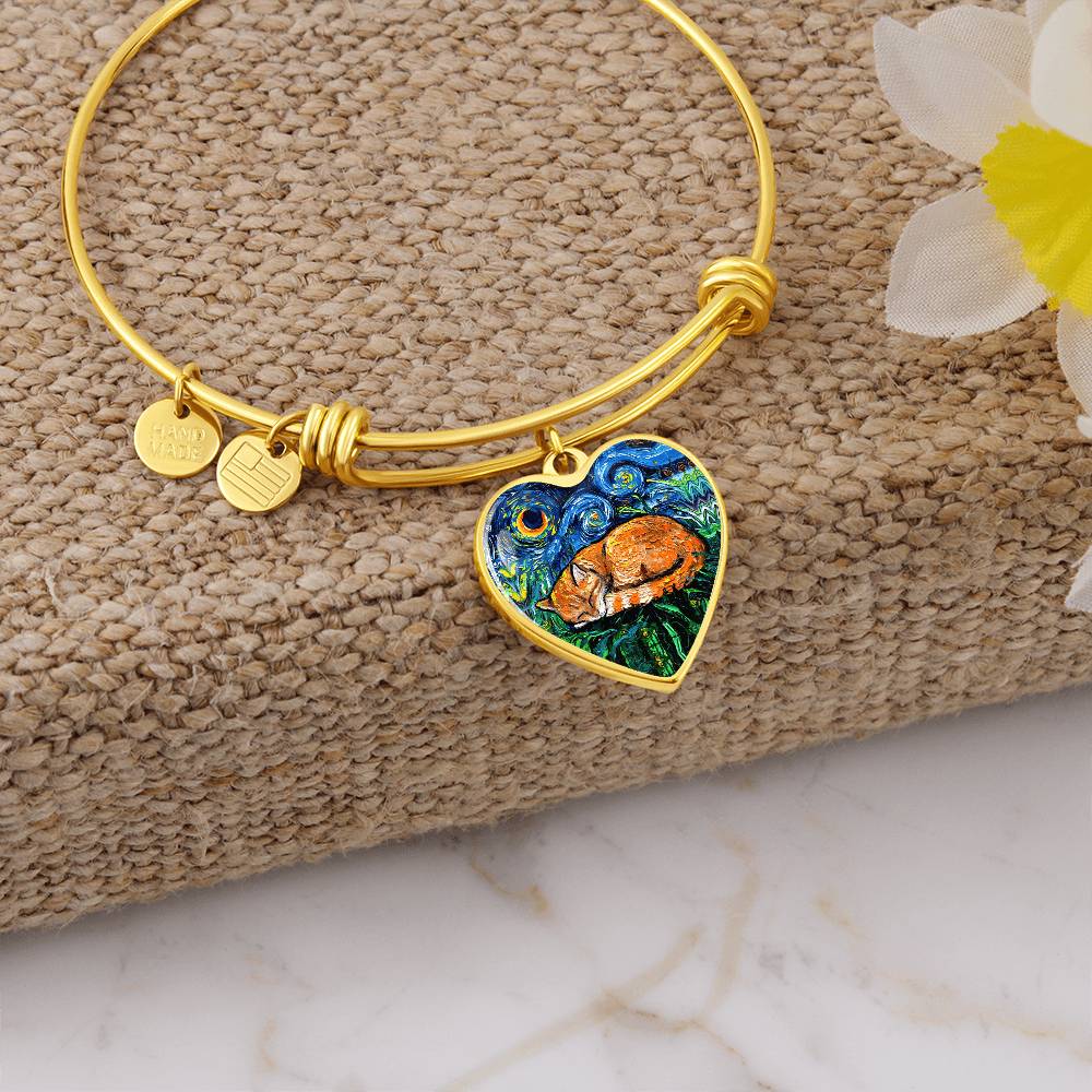 Sleeping Orange Tabby Cat Starry Night Heart Bangle Bracelet