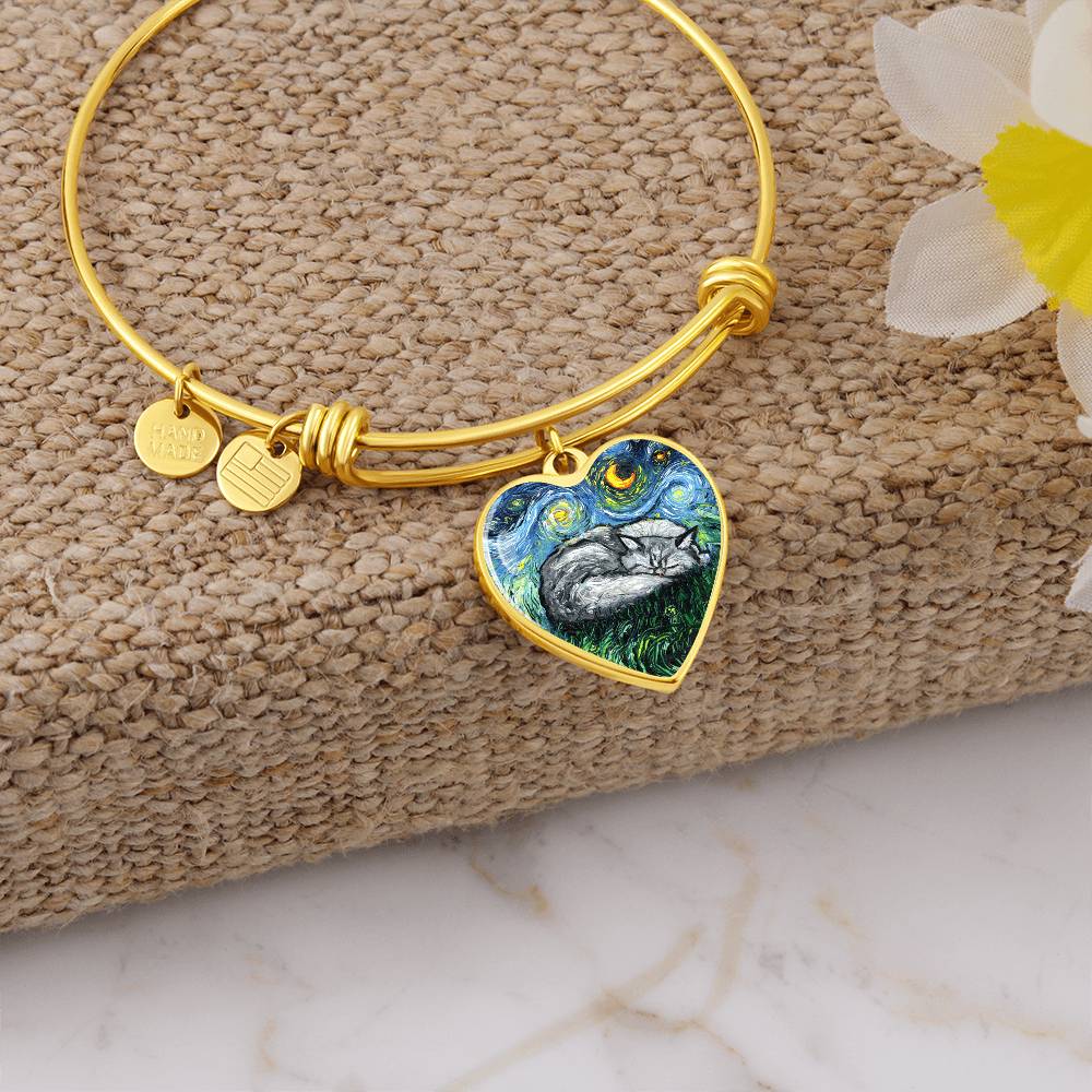Sleeping Persian Cat Starry Night Heart Bangle Bracelet