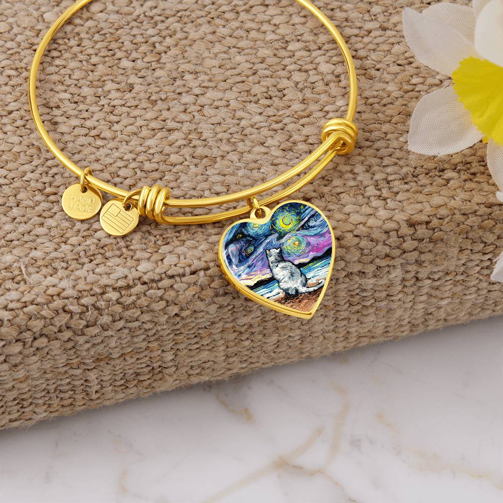 White Cat Starry Night Heart Bangle Bracelet
