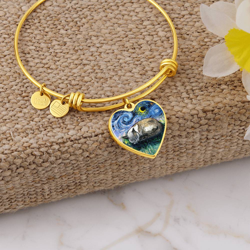 Sleeping Siamese Cat Starry Night Heart Bangle Bracelet