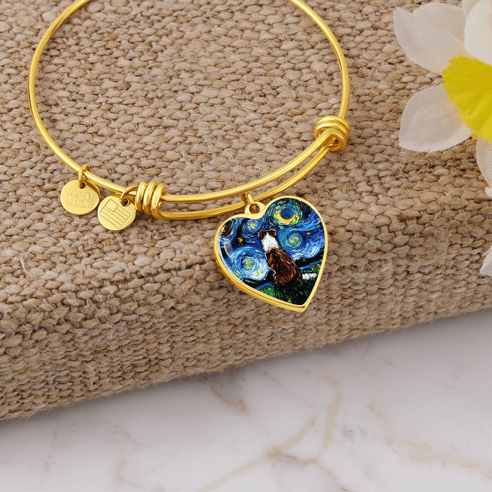 Red Border Collie Starry Night Heart Bangle Bracelet