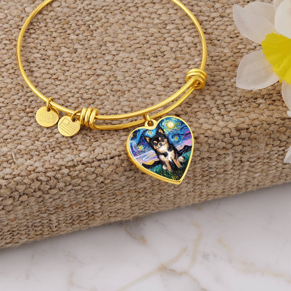 Black & Tan Long Hair Chihuahua Starry Night Heart Bangle