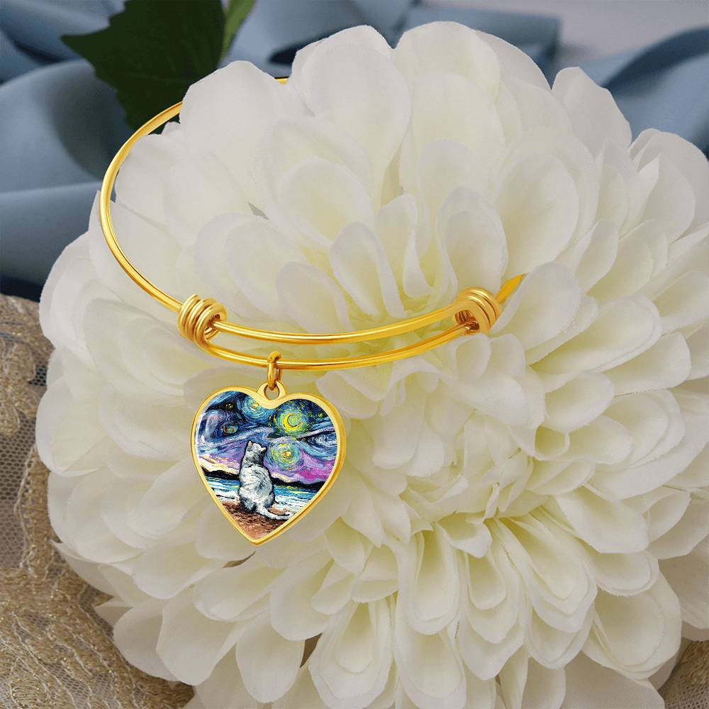 White Cat Starry Night Heart Bangle