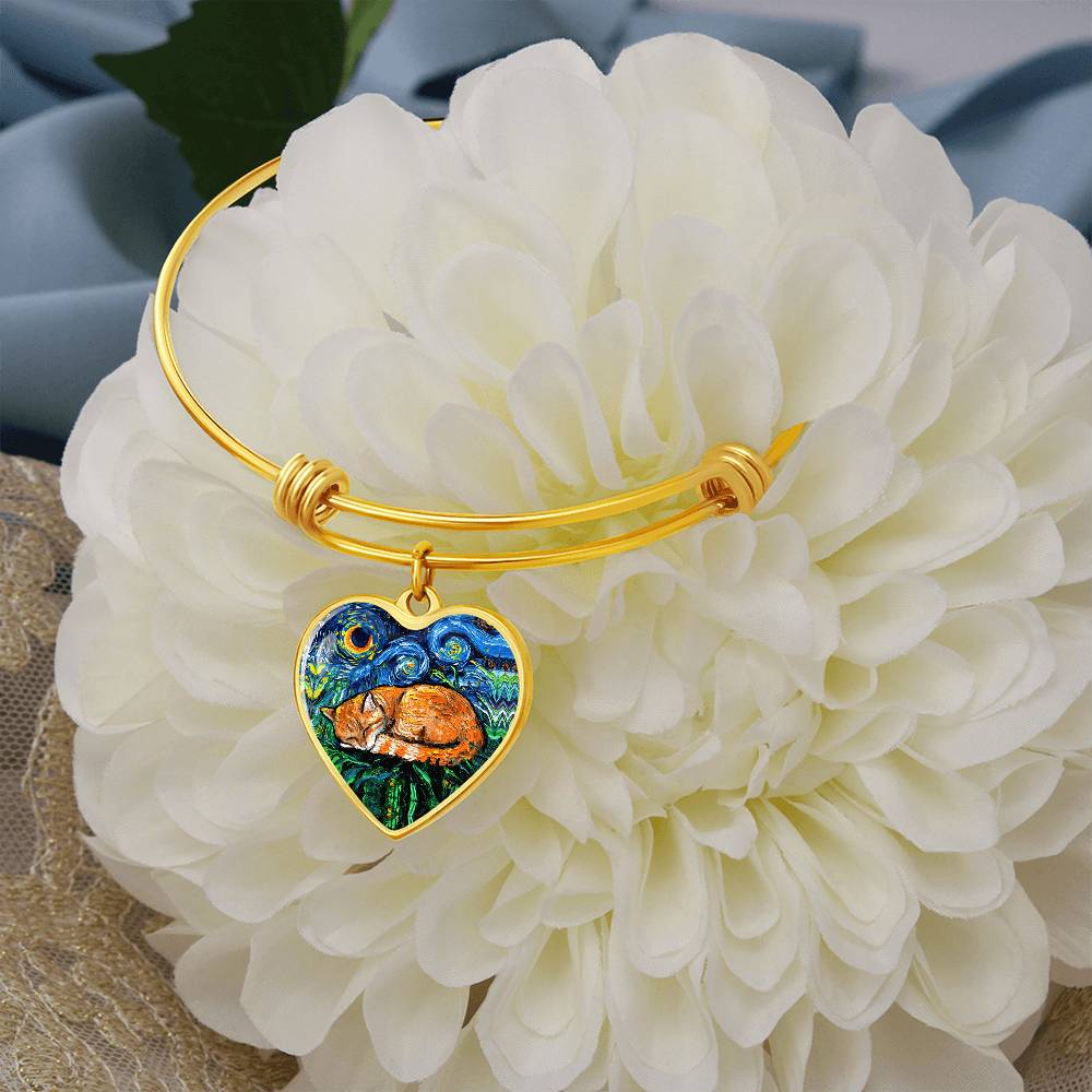 Sleeping Orange Tabby Cat Starry Night Heart Bangle Bracelet