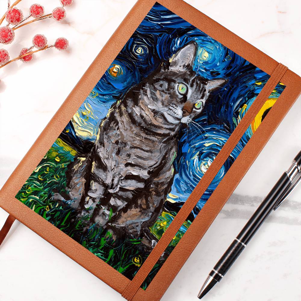 Tabby Cat Starry Night Leather Journal