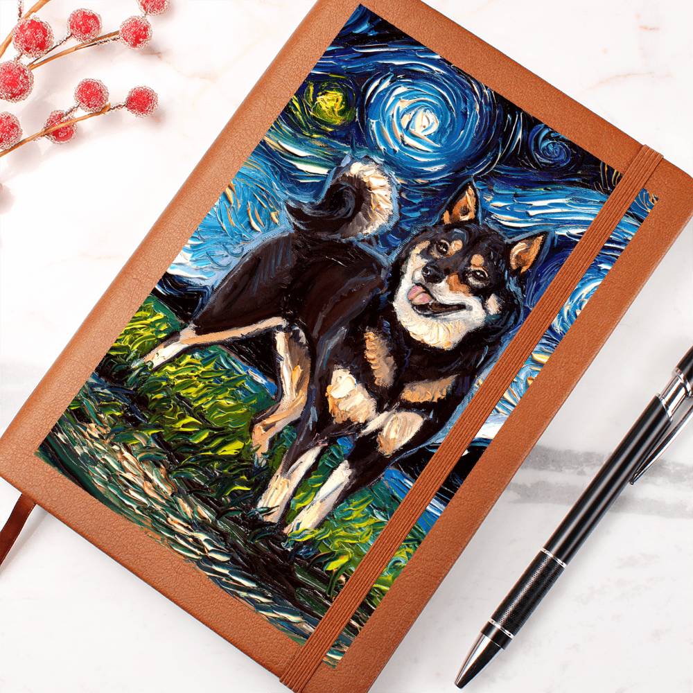 Black and Tan Shiba Inu Starry Night Leather Journal