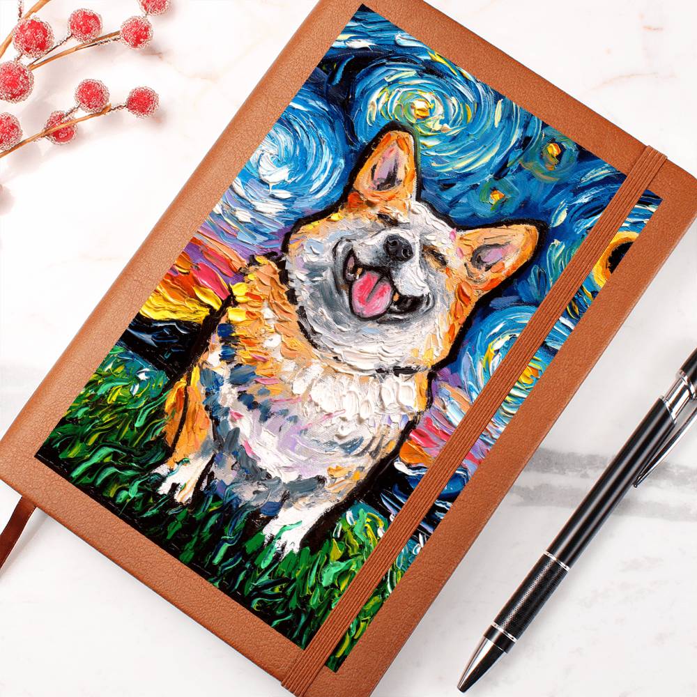 Smiling Corgi Starry Night Leather Journal
