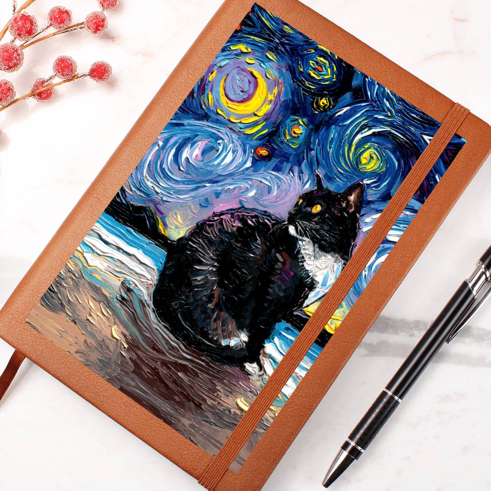 Tuxedo Cat Starry Night Leather Journal