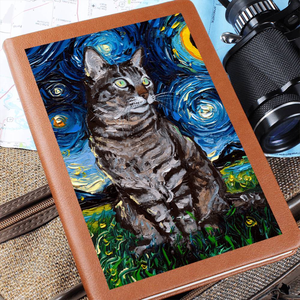 Tabby Cat Starry Night Leather Journal