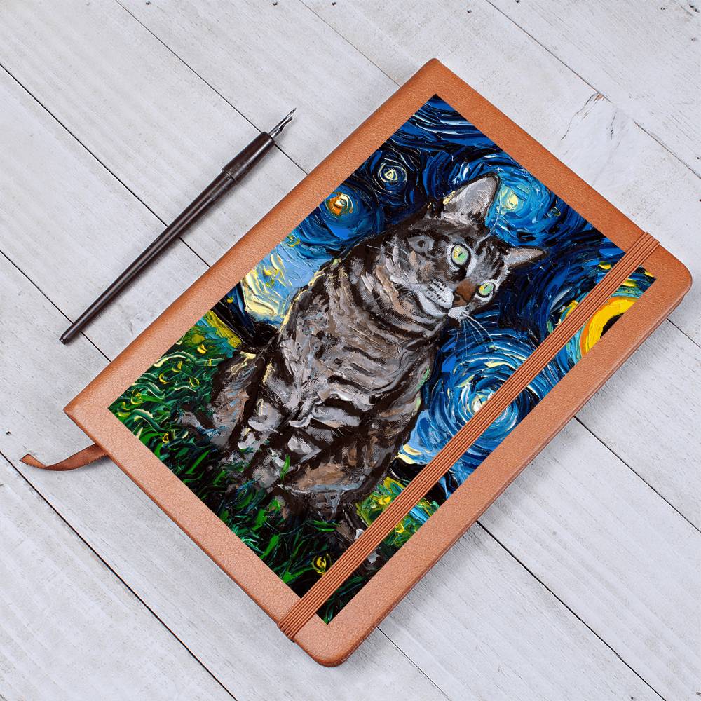 Tabby Cat Starry Night Leather Journal