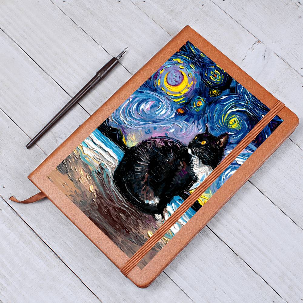 Tuxedo Cat Starry Night Leather Journal