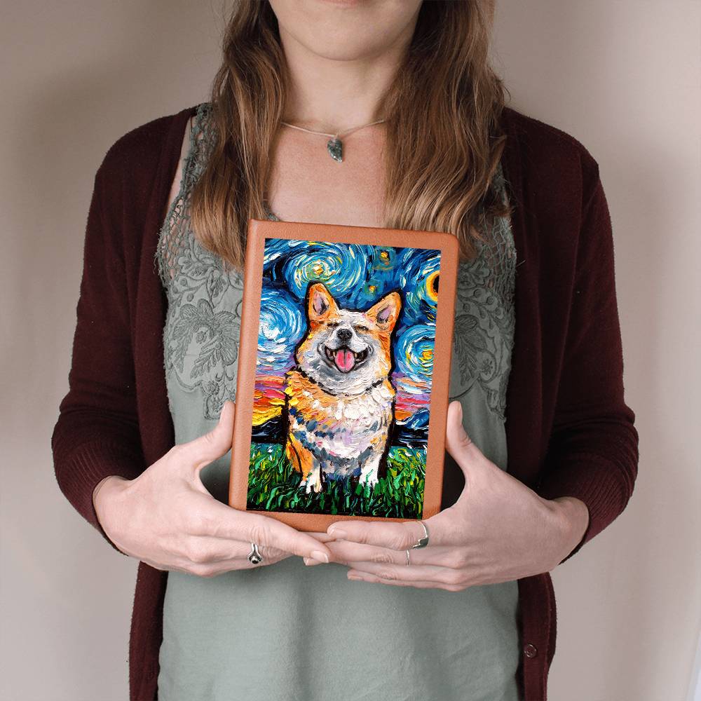 Smiling Corgi Starry Night Leather Journal