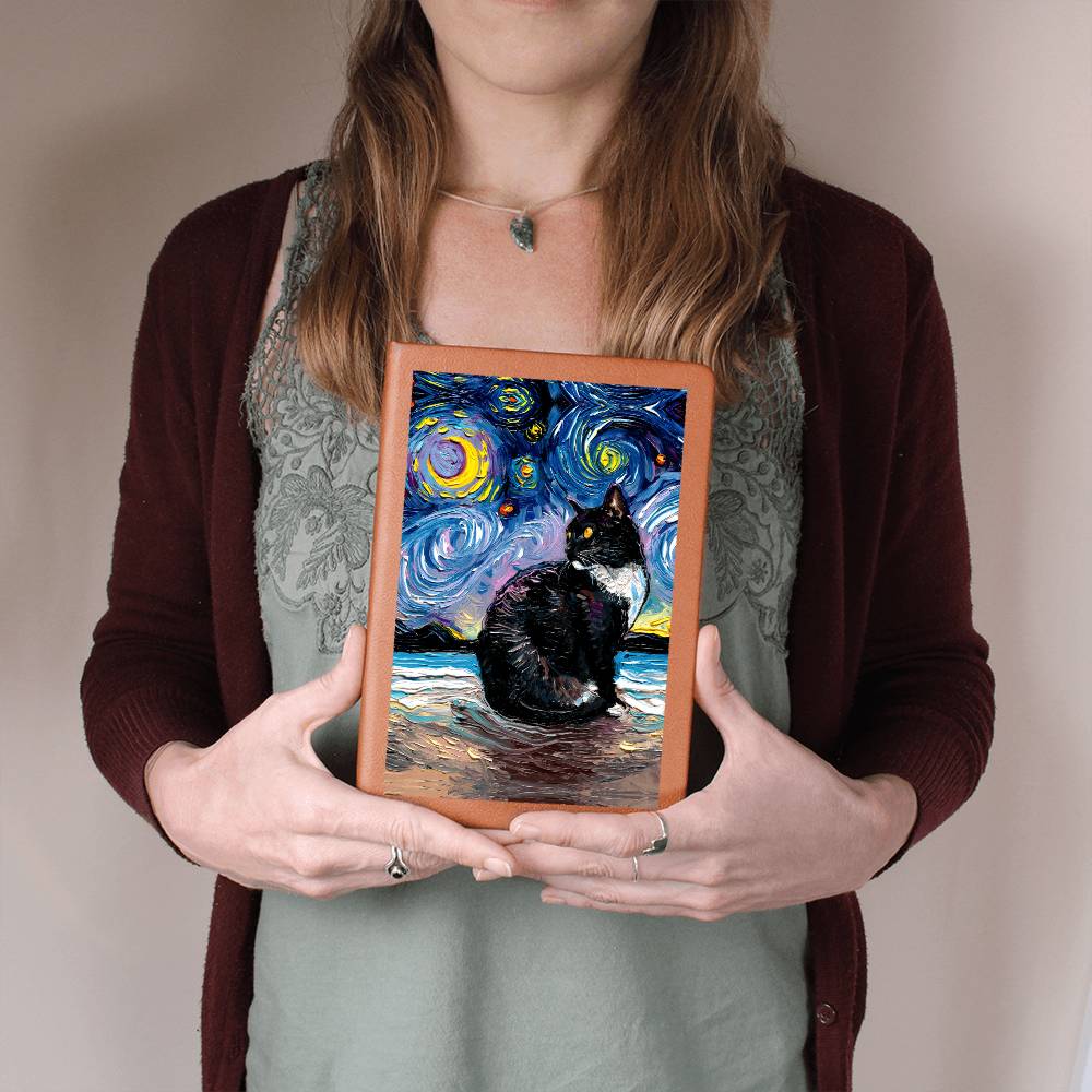 Tuxedo Cat Starry Night Leather Journal