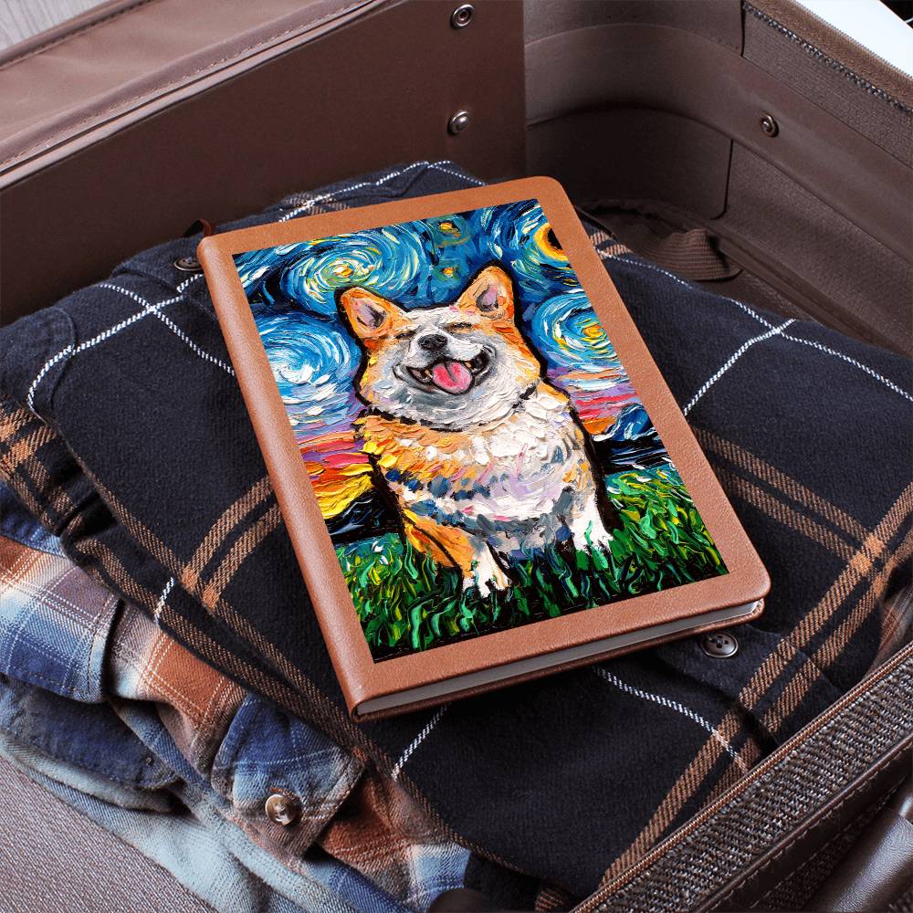 Smiling Corgi Starry Night Leather Journal