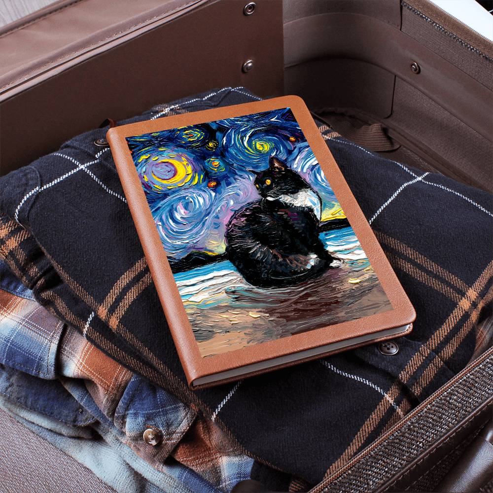 Tuxedo Cat Starry Night Leather Journal