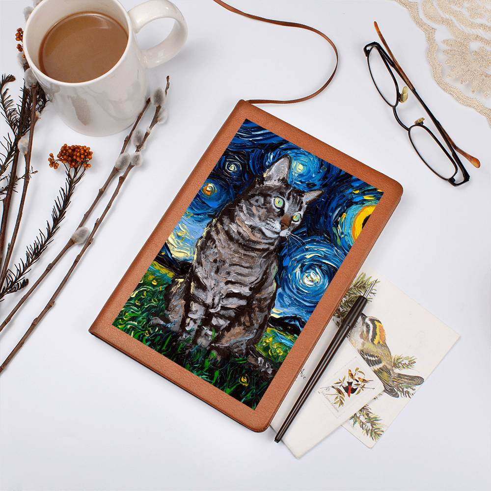 Tabby Cat Starry Night Leather Journal
