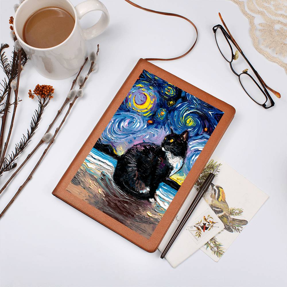 Tuxedo Cat Starry Night Leather Journal