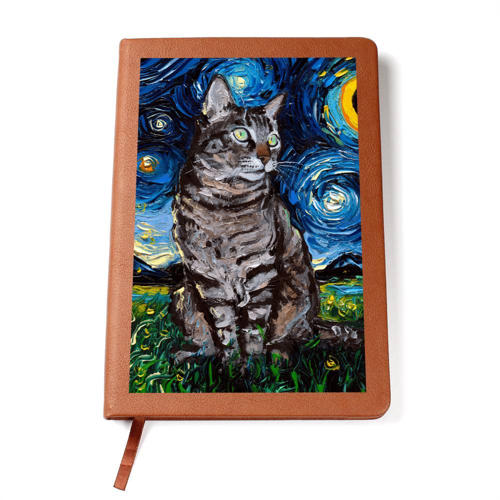 Tabby Cat Starry Night Leather Journal