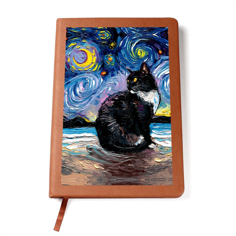 Tuxedo Cat Starry Night Leather Journal