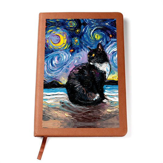 Tuxedo Cat Starry Night Leather Journal