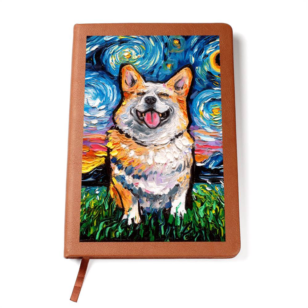 Smiling Corgi Starry Night Leather Journal