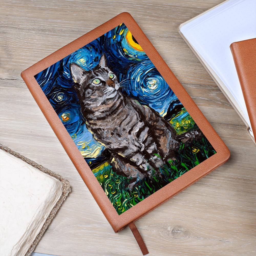 Tabby Cat Starry Night Leather Journal