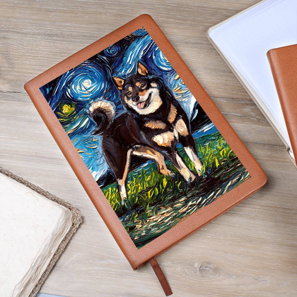 Black and Tan Shiba Inu Starry Night Leather Journal