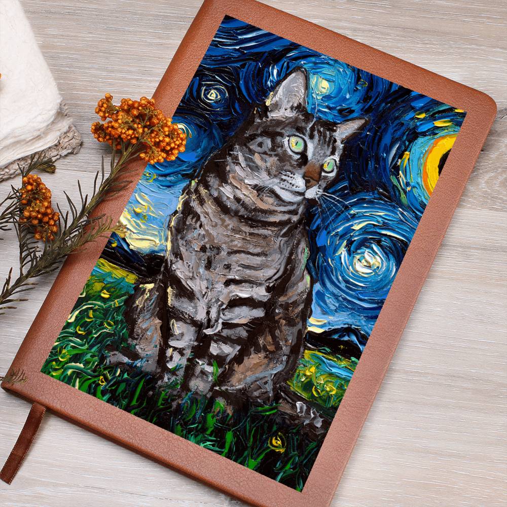 Tabby Cat Starry Night Leather Journal