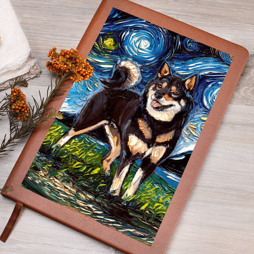 Black and Tan Shiba Inu Starry Night Leather Journal