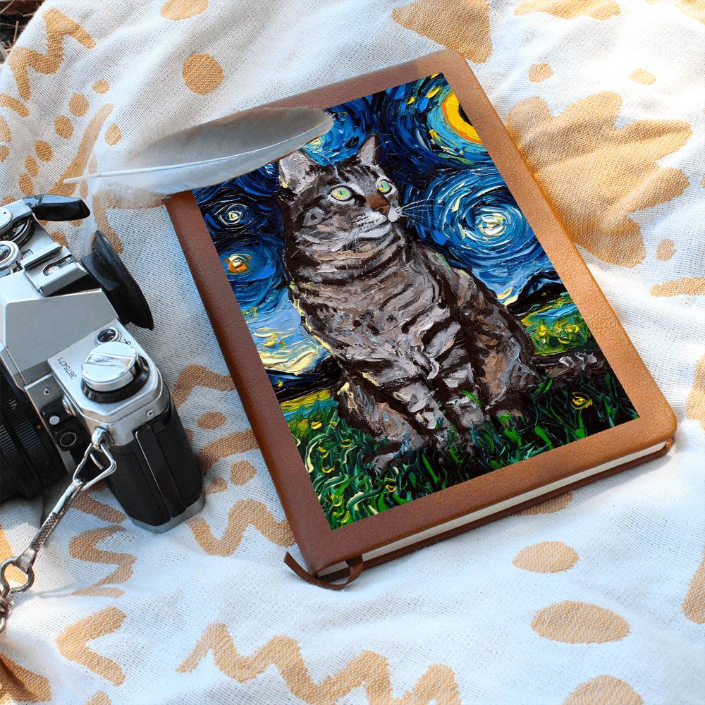 Tabby Cat Starry Night Leather Journal