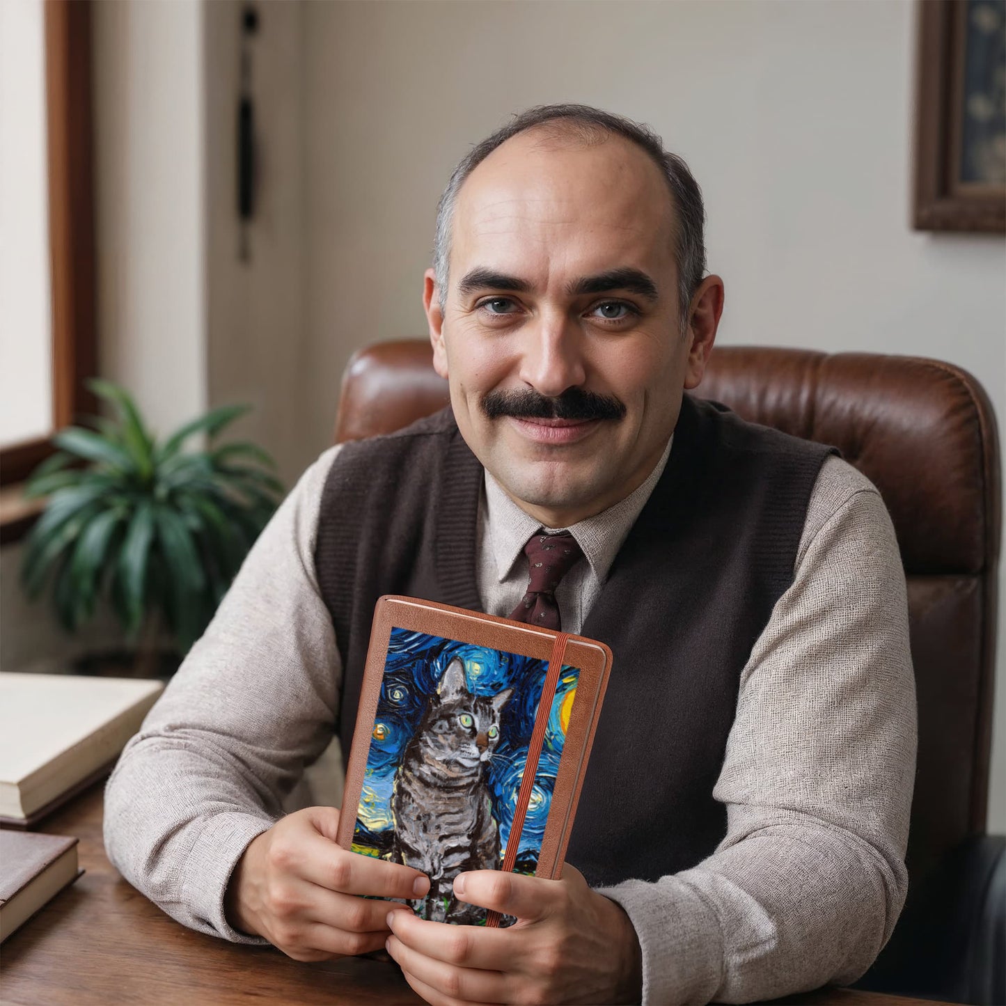 Tabby Cat Starry Night Leather Journal