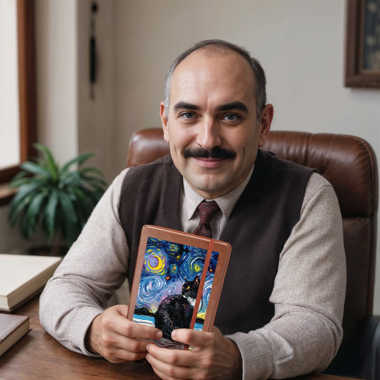 Tuxedo Cat Starry Night Leather Journal