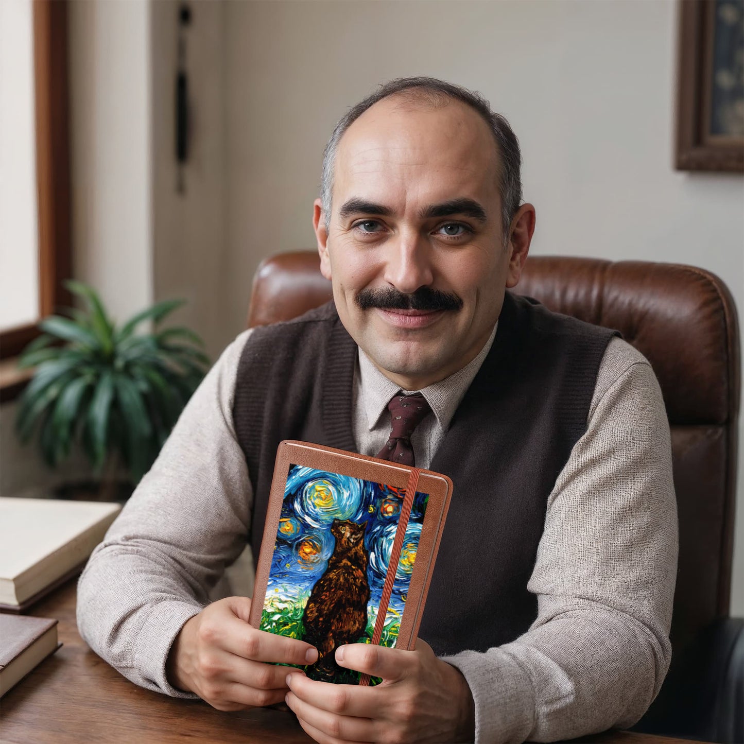 Tortoiseshell Cat Starry Night Leather Journal